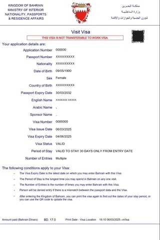 Bahrain E Visa Sample With Application Details