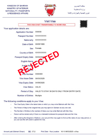 Bahrain Evisa Is Rejected