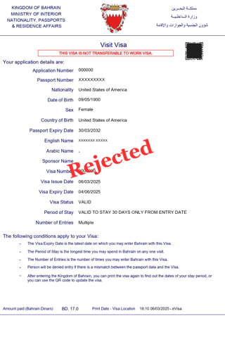 Rejected Bahrain eVisa 