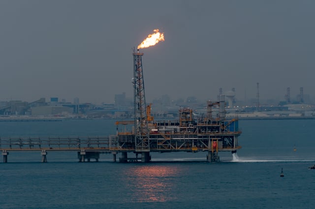 Offshore oil platform with gas flare, Bahrain
